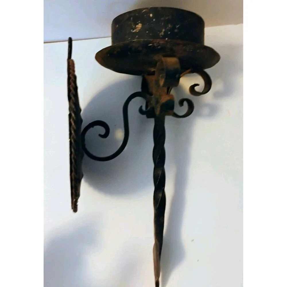 Vtg Wrought Iron Wall Candle Sconce Pillar Holder Twisted Gothic Spanish Revival